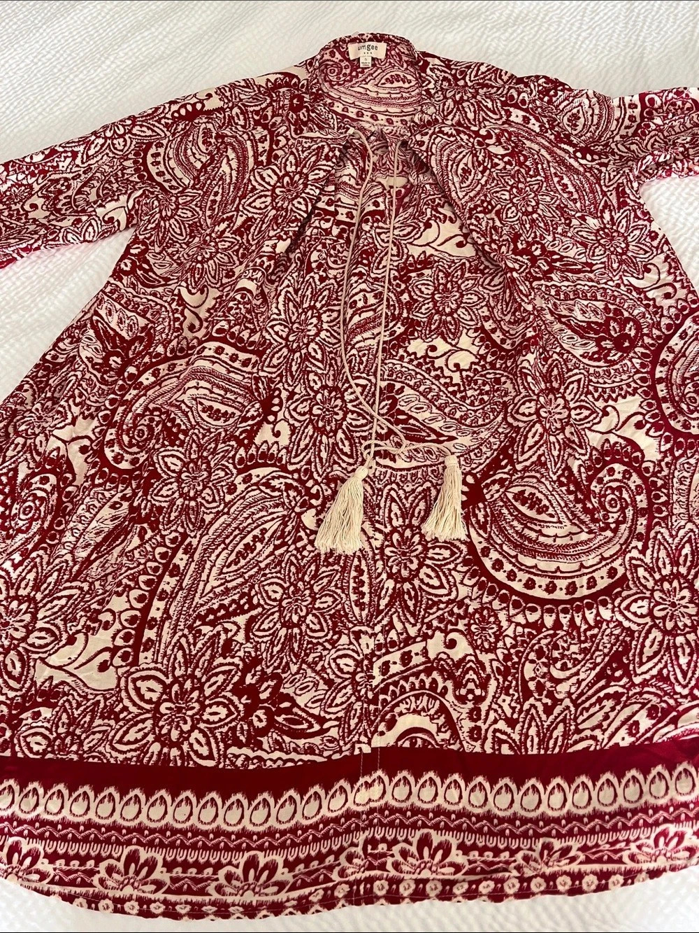 Umgee Paisley Print Tunic with Tassel Ties and Bell Sleeves Small